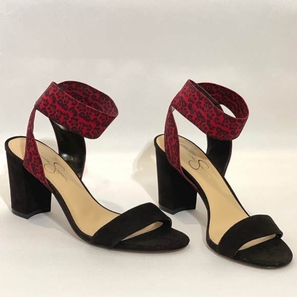 Jessica Simpson Black/Red Multi Sinista High Heel Sandal ankle straps women 8.5 - Picture 2 of 9